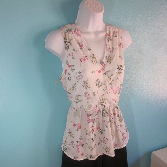 Pleione Womens Size S Top V-Neck Pullover Cream Floral Summer Blouse 36" Bust - Picture 1 of 11